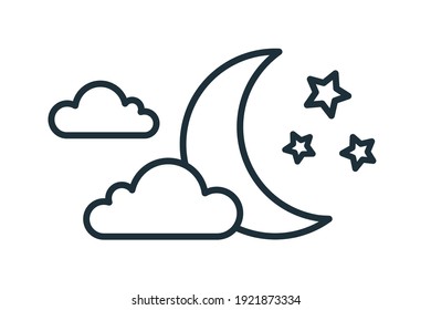 Simple Weather Icon With Half Moon Or Waning Crescent With Stars In Cloudy Sky. Symbol Of Night Time In Line Art Style. Linear Flat Vector Illustration Isolated On White Background