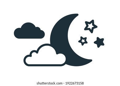 Einfache Wettersymbol mit Halbmond oder abnehmendem Halbmond mit Sternen und Wolken am Himmel. Symbol der bewölkten Nachtzeit im Art-Stil. Lineare flache Vektorgrafik einzeln auf weißem Hintergrund