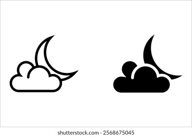 Simple weather icon with half moon or waning crescent moon in a cloudy sky. Night time symbol in line art style. Linear flat vector illustration