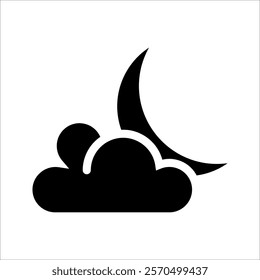 Simple weather icon with half moon or waning crescent moon in a cloudy sky. Night time symbol in line art style. Linear flat vector illustration