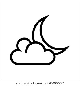 Simple weather icon with half moon or waning crescent moon in a cloudy sky. Night time symbol in line art style. Linear flat vector illustration