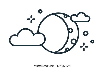 Simple weather icon of lunar eclipse. Half moon or waxing crescent with stars and clouds. Symbol of night time in line art style. Linear flat vector illustration isolated on white background