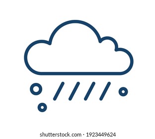 Simple Weather Icon With Rain Drops And Hail Or Sleet Falling From Cloud. Raincloud Logo With Linear Raindrops. Contoured Flat Vector Illustration Isolated On White Background.