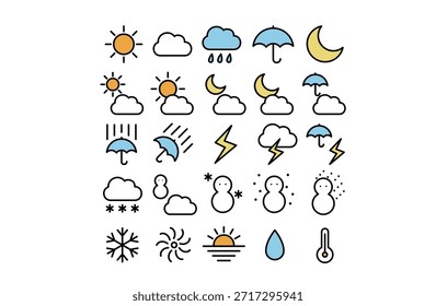Ein einfaches Wetter-Icon-Set mit sauberem Liniendesign.
Einschließlich gewöhnlicher Wetterbedingungen wie sonnig, bewölkt, regnerisch, schneebedeckt und stürmisch.
Farblinienstil, leicht lesbar und geeignet für Apps, Websites und Wettervorhersagen.
