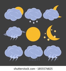 Simple weather icon set. Flat vector symbol on dark background