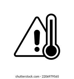 Simple weather icon with thermometer and warning sign in line style vector illustration. Concept outline symbol critical dangerous temperature