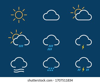 Simple weather icons set with sun, wind, rain, snow and storm icons. Forecast modern isolated icons of meteorology. Vector EPS 10.