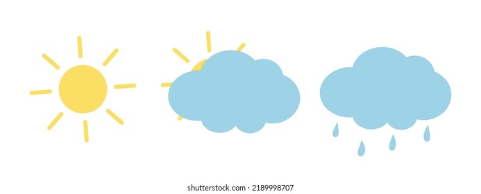 einfache Wettersymbole auf dem Rücken, Sonne, Wolke, Regen, flache Vektorgrafik