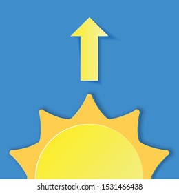 Simple weather icons. Summer vector elements with paper cut flat. sun and arrow up isolated in blue background. Vector illustration of dawn. web and mobile app illustration. Modern 3d paper art