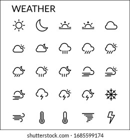 Simple Weather Line Style Contain Such Icon as Day, Night, Rain, Cloud, Sun, Moon, Tornado, Snow, Thunderstorm, Storm, Climate, Temperature  and more. 48 x 48 Pixel Perfect