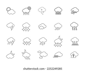 Simple weather web icon design set. Line art weather, cloud, sunny day, moon, snowflake, wind, sun day. Vector illustration.
