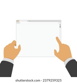 Simple web browser window in businessman hands. Web page mock up in trendy flat style. Template of empty, clean internet browser windows. 
