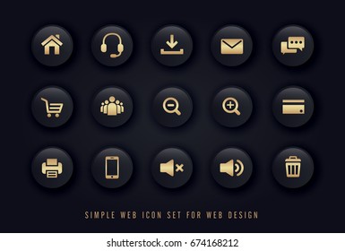 simple web icon gold on black button background vector set 