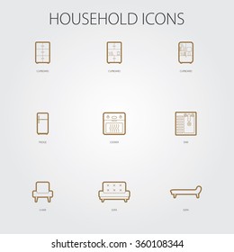 Simple web icons household objects to the design of flat color. Big set of 9 icons. Clipboard, Fridge, Cooker, Sink, Chair, Sofa
