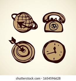 Simple web job idea concept on white background. map orbit, old office helpline ring dial, win emblem. Freehand line black pen ink hand drawn logo sketchy in art modern abstract scribble cartoon style