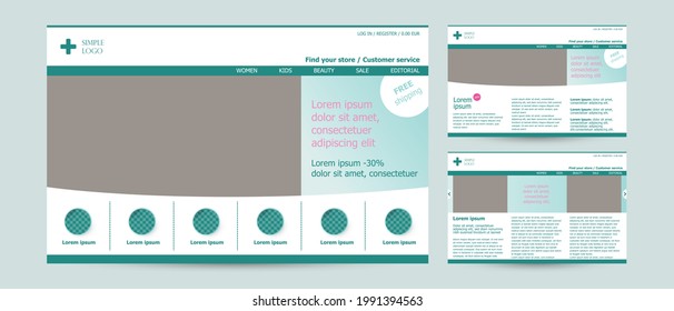 simple web page cover design in blue gradient. website layout templet or social media cover with menu, navigation, copy space. commercial vector banner, for medicine, dentist, health care, stomatology