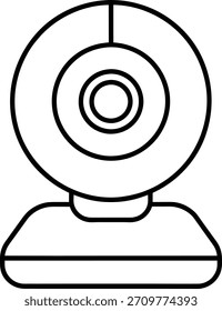 A simple webcam icon in black and white. Minimalist, outline style. Suitable for tech, communication, or video concepts.