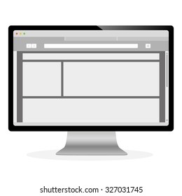 Simple Webpage Design On Screen. Grey Style Of Webpage, Black Monitor. Vector Illustration