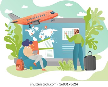 Simple website concept for booking and booking tickets and planning flights around the world with airplanes, vector illustration. Woman sitting on a couch uses online service. Man is planning a trip.