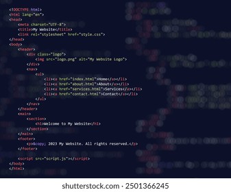 Einfache Website HTML-Code mit bunten Tags im Code-Editor auf dunklem Hintergrund. Vektorgrafik. Software Web Developer Programmierung Ausbildung Konzept Hintergrund.