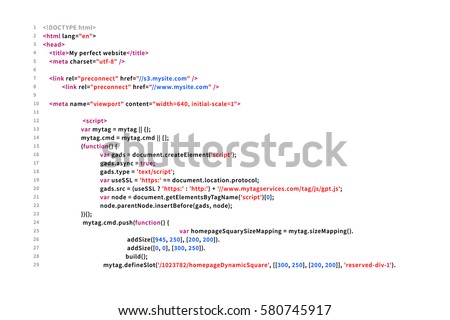 Simple website HTML code with colourful tags in browser view on white background.