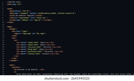 Simple Website Like Hello World HTML Code with Colorful Tags in Code Editor on Dark Background. Vector Illustration. Software Web Developer Programming Education Concept Background.