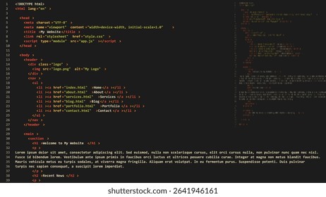 Simple Website Like Hello World HTML Code with Colorful Tags in Code Editor on Dark Background. Vector Illustration. Software Web Developer Programming Education Concept Background.