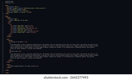 Simple Website Like Hello World HTML Code with Colorful Tags in Code Editor on Dark Background. Vector Illustration. Software Web Developer Programming Education Concept Background.