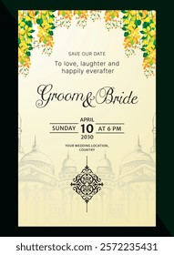 simple wedding card design containing floral decoration and monuments