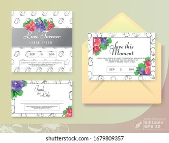 Einfache Hochzeitskarten und Umhüllung mit Blumen von Anemone Buds. Ehegatten Namen, Liebe ewig und dieser Moment auf Foliage Silhouetten Design Hintergrund. Vektorillustration Bearbeitbare Illustration EPS10