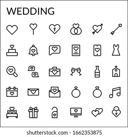 Simple Wedding Icon Set With Line Style Contain Such Icon as Heart, Love, Romance, Romantic, Invitation, Dress, Church, Melody, Date, Calendar, Ring, Wine, and more. 48 X 48 Pixel Perfect