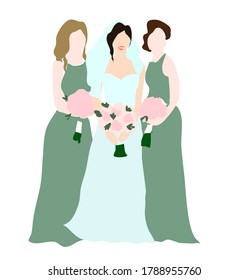 simple wedding invitation card design young bride in festive gown with bouquet of flowers and bridesmaids vector graphics
