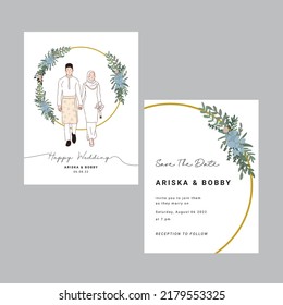 Simple Wedding Invitation With Flower And Malaysian Couple Illustration