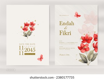 Simple Wedding Invitation with Red Flower Watercolor