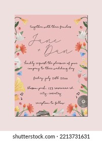 Simple wedding invitation tamplate with hand drawn watercolor illustration