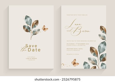 Simple Wedding Invitation Tempate with Aesthetic Leaves Watercolor Arrangement