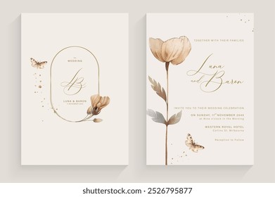 Simple Wedding Invitation Tempate with Aesthetic Flower Watercolor Arrangement