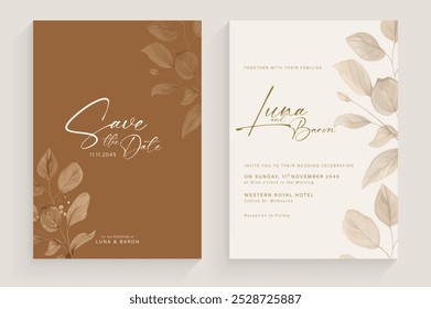 Simple Wedding Invitation Tempate with Aesthetic Leaves Watercolor Arrangement