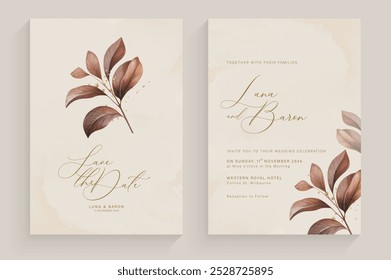 Plantilla de invitación de Boda simple con arreglo de acuarela de hojas estéticas