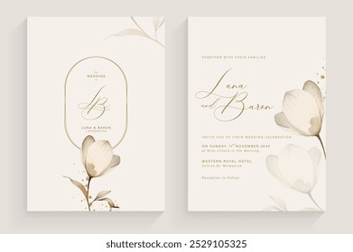 Simple Wedding Invitation Tempate with Aesthetic Flower Watercolor Arrangement