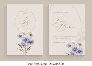 Simple Wedding Invitation Tempate with Aesthetic Flower Watercolor Arrangement