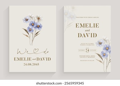 Simple Wedding Invitation Tempate with Aesthetic Flower Watercolor Arrangement