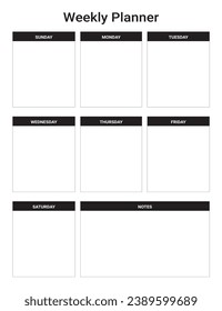 El planificador simple semanal en blanco y negro comienza a partir del domingo
