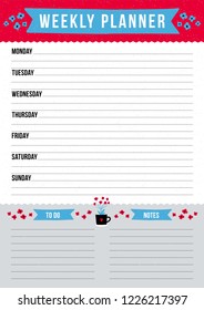 Simple weekly planner with drawn elements in scandinavian style. Template with place for notes. Vector illustration for print, office, school.