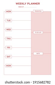 Simple weekly planner pink white with daily routine , priorities, to do list and notes table template vector