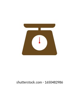 Simple weighing icon in vector form. These scales are analog scales. There is a needle pointing the results of the scales. Simple vector in a two-dimensional flat.