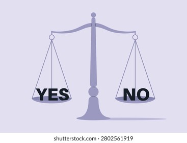 A simple weighing scale displays the words yes and no, symbolizing choices, The serene purple background enhances focus on the weight of decisions at any moment