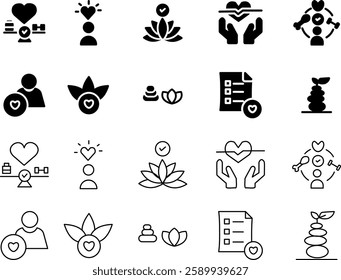 A simple wellness icon set featuring minimalist symbols for health, self-care, relaxation, and mindfulness. Includes meditation, fitness, organic food, spa, and mental health icons.