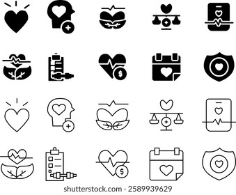 A simple wellness icon set featuring minimalist symbols for health, self-care, relaxation, and mindfulness. Includes meditation, fitness, organic food, spa, and mental health icons.