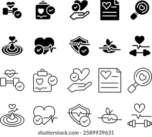 A simple wellness icon set featuring minimalist symbols for health, self-care, relaxation, and mindfulness. Includes meditation, fitness, organic food, spa, and mental health icons.